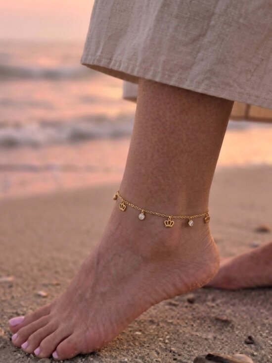 Jewelry - Gold Chain Anklet with Crown and Rhinestone Charms Delicate Beach Jewelry